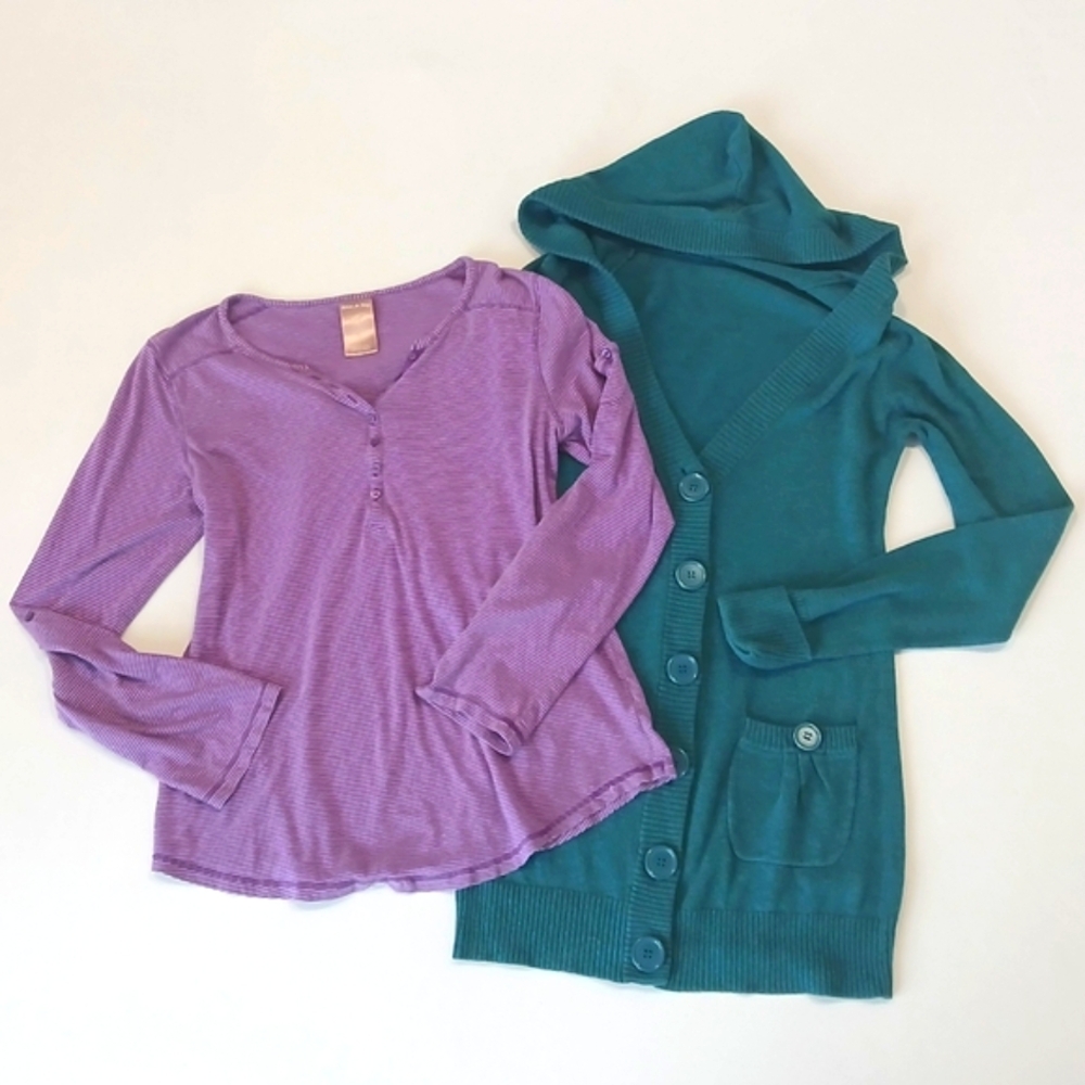 2 Pc Bundle! Purple Striped Top Sleeve Pocket & Teal Hoodie Cardigan Sweater
